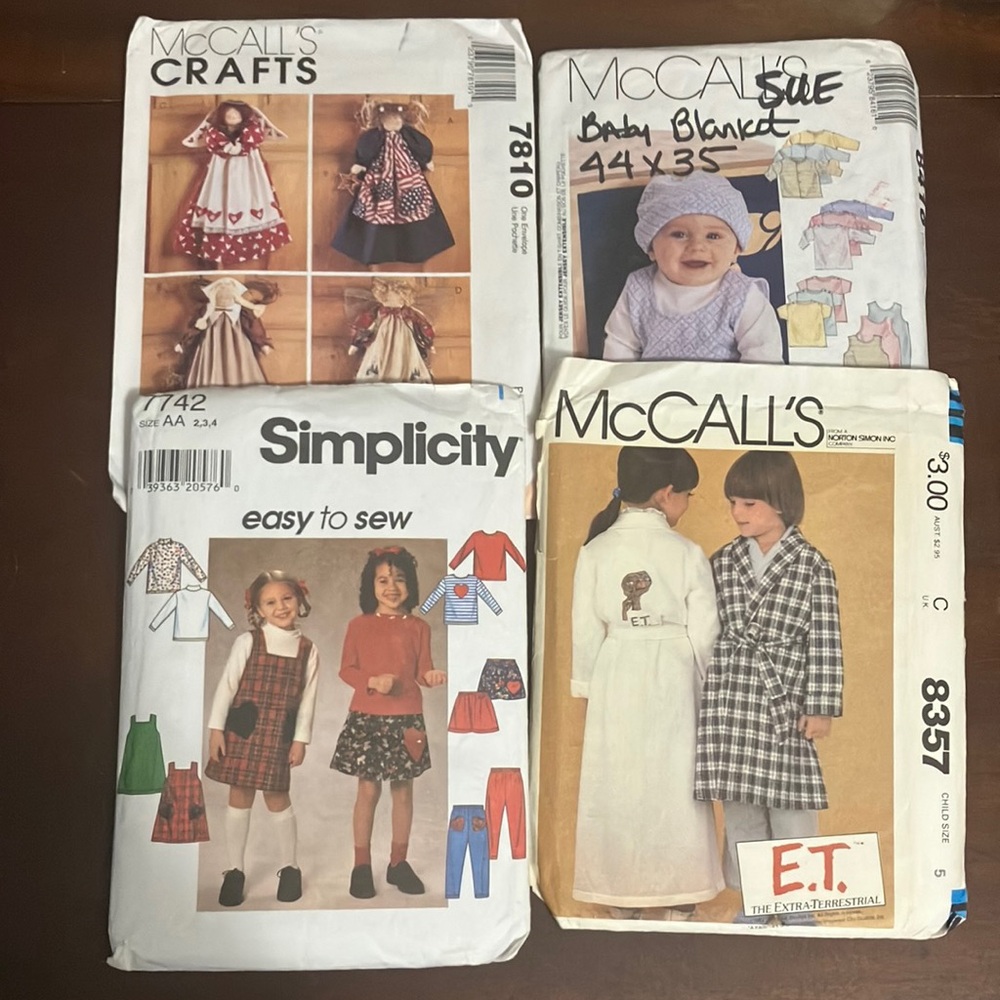 Lot of 4 Vintage 1980s-90s Kids Sewing Patterns & Doll